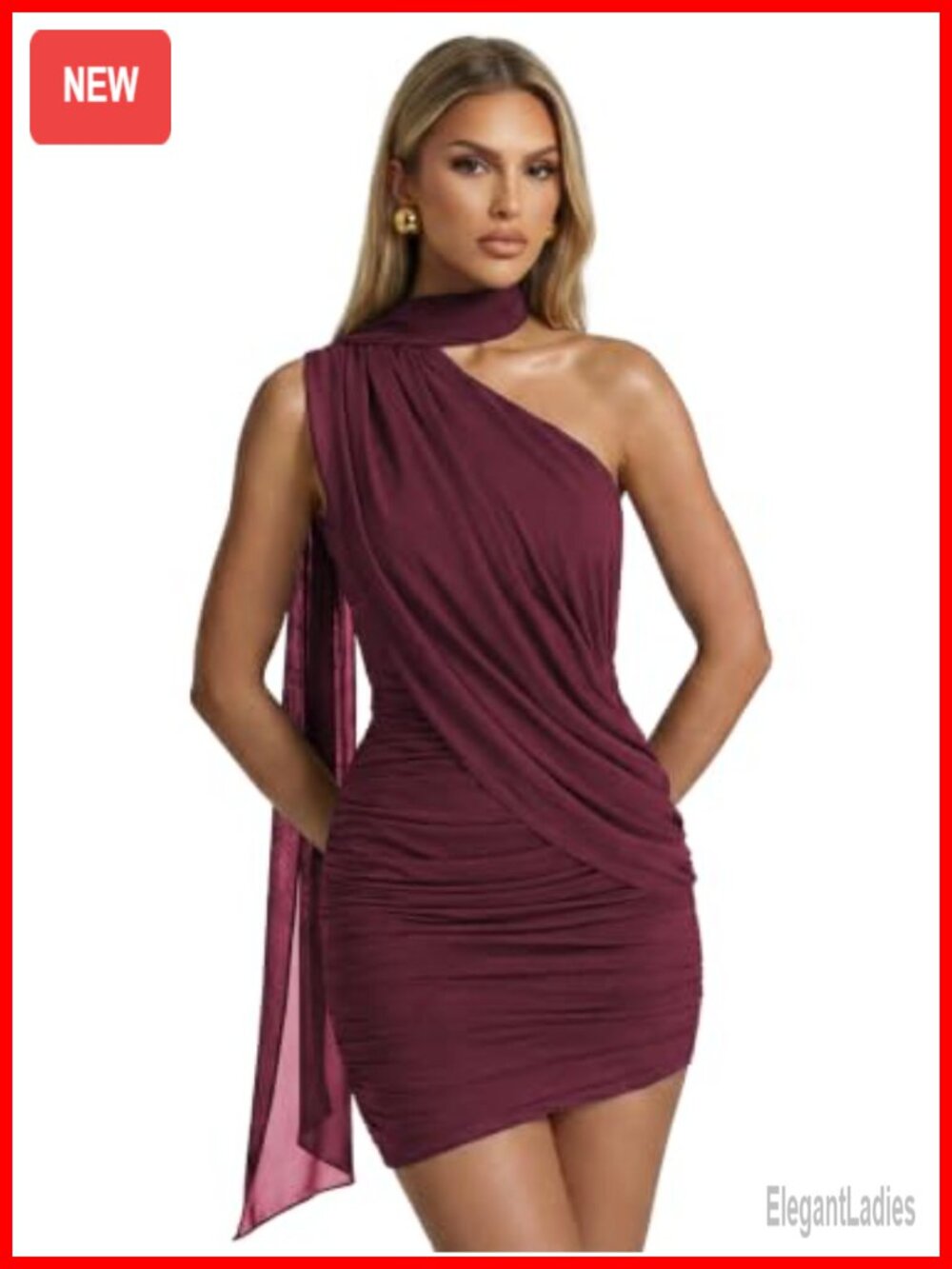 One Shoulder Ribbon Mesh Bodycon Mini Dress Draped Overlay Cocktail Party